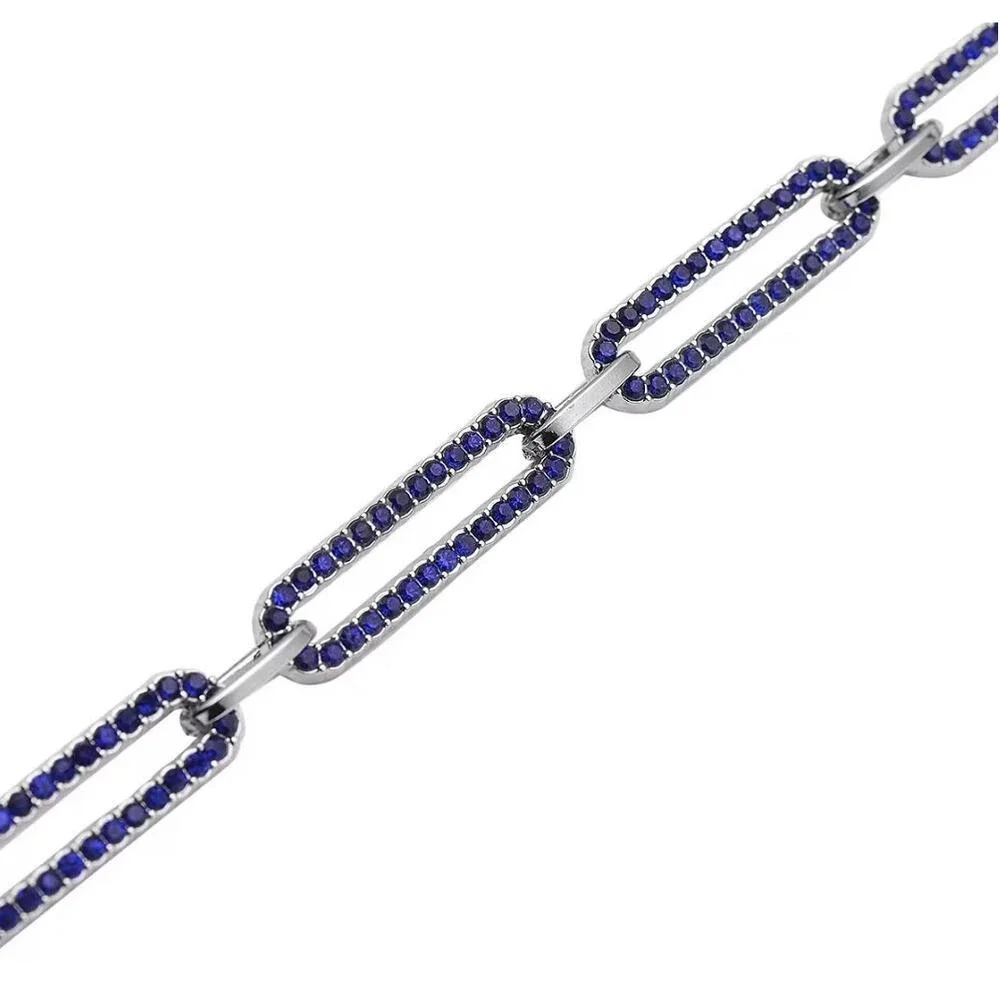 Blue Austrian Crystal Paperclip Chain Bracelet Silver Tone Adjustable 7.5-9.5